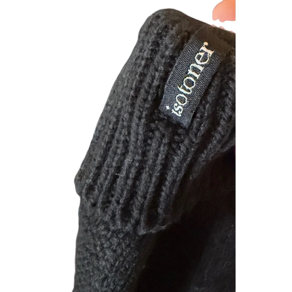 Isotoner Black Cable Knit Mittens‎ Leather Palm Thumb - Picture 3 of 4